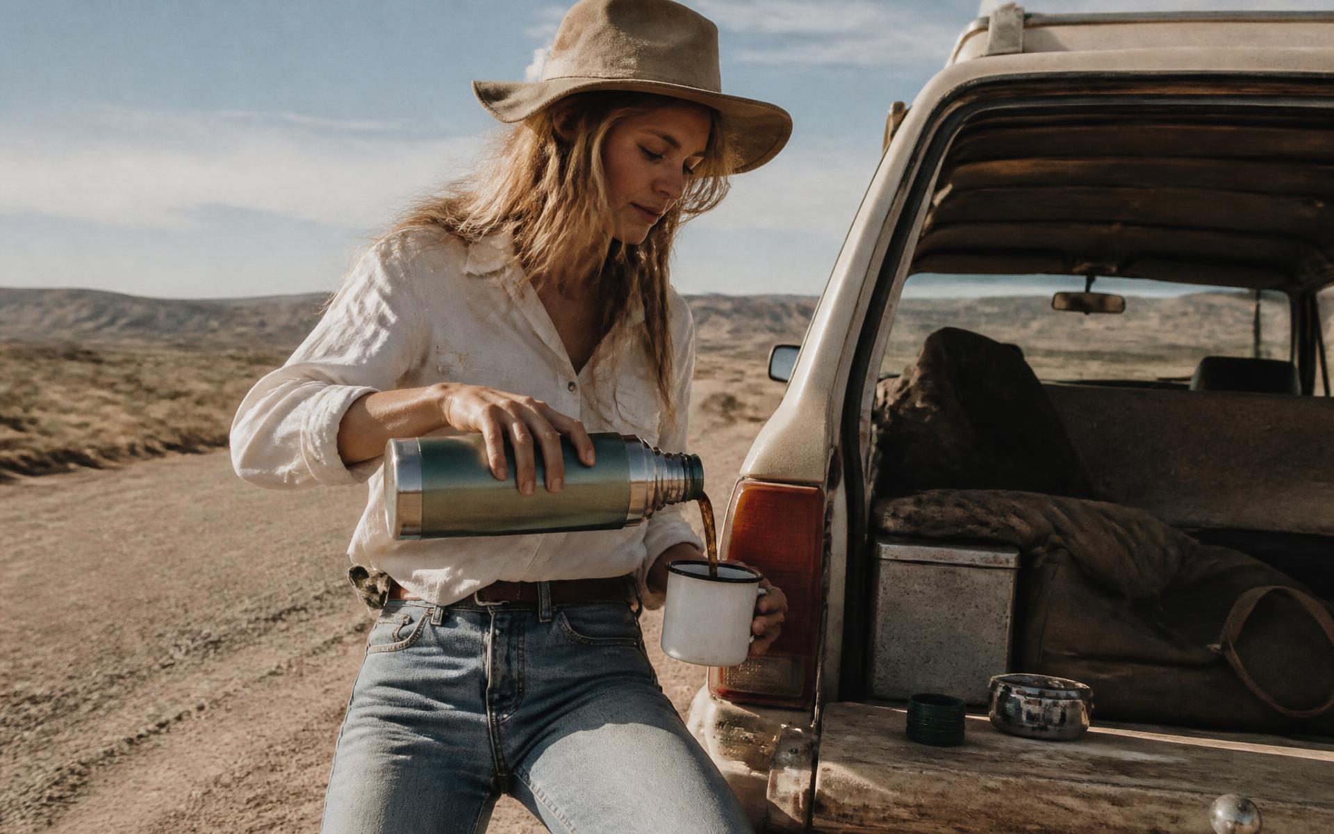 Coffee poured from a flask on a gravel road