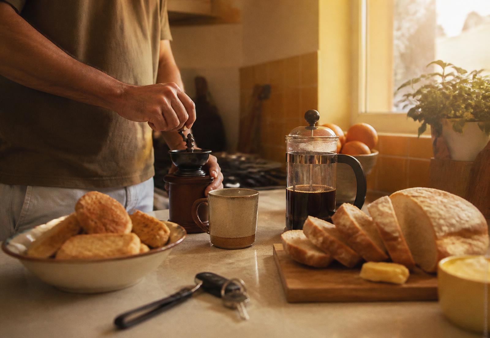 Morning kitchen with coffee and bread