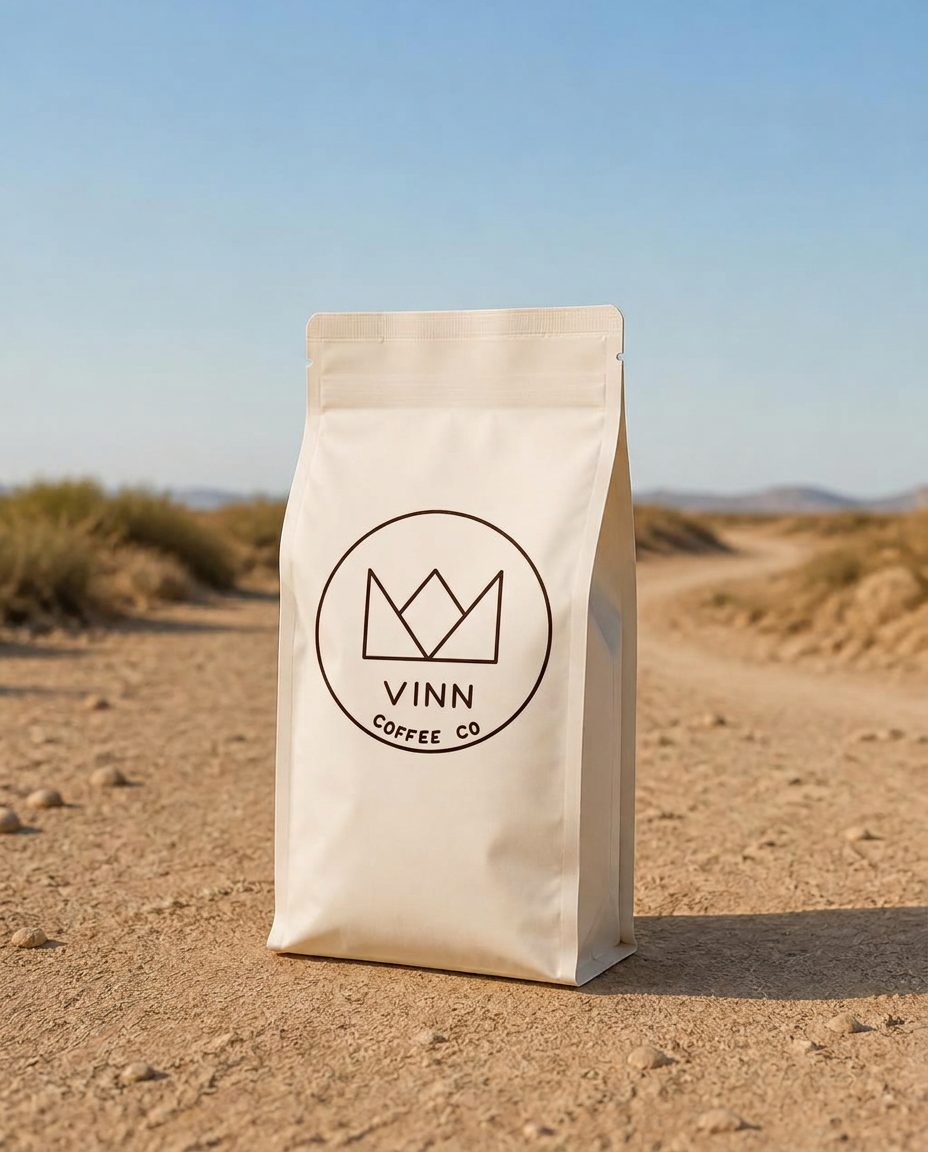 Cream VINN Coffee Co. bag standing on a dusty gravel road — placeholder for final product photography