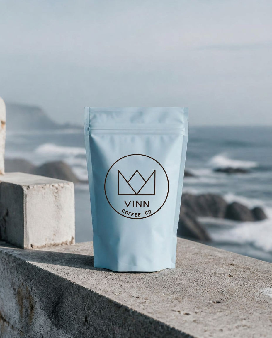 Pale blue VINN Coffee Co. pouch on a coastal ledge — placeholder for final product photography