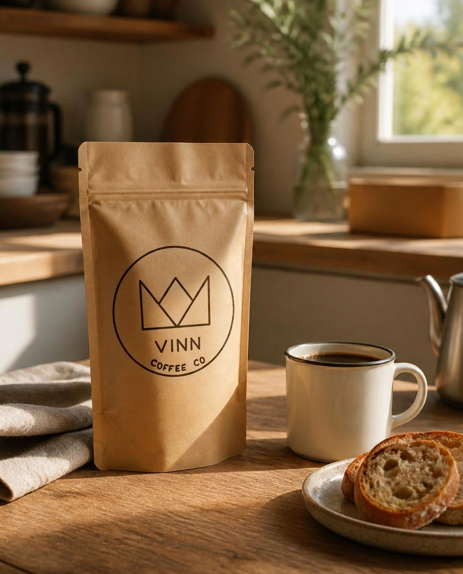 Kraft paper VINN Coffee Co. pouch on a kitchen table beside a cup of coffee — placeholder for final product photography