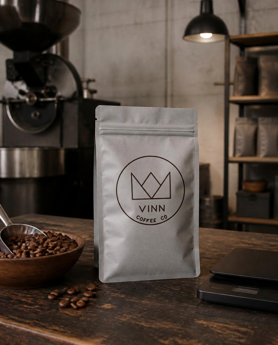 Grey VINN Coffee Co. bag on a roastery packing table — placeholder for final product photography