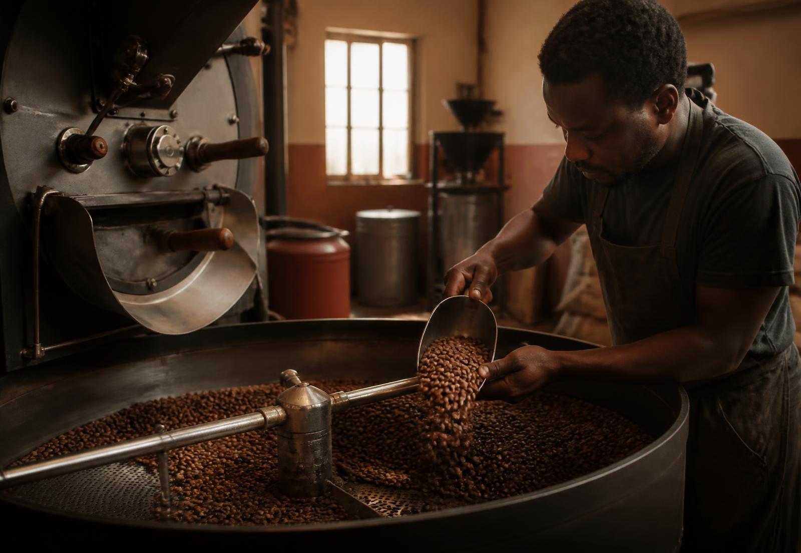 Roastery interior with a drum roaster and packing table — placeholder for final photography